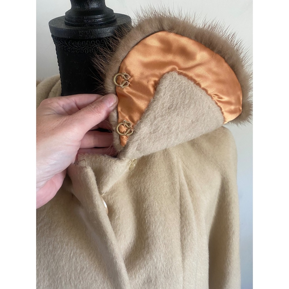 Vintage Cream Wool Coat Real Mink Fur Collar Mid-Century Modern Button Front L - Picture 8 of 16